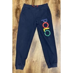 Polo Ralph Lauren Navy Blue Double Knit Colorful Logo Sweatpants Joggers Boy's L